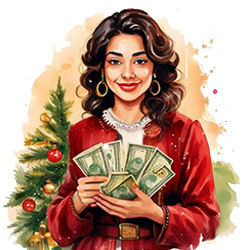 Woman holding stacks of money dressed for the holidays